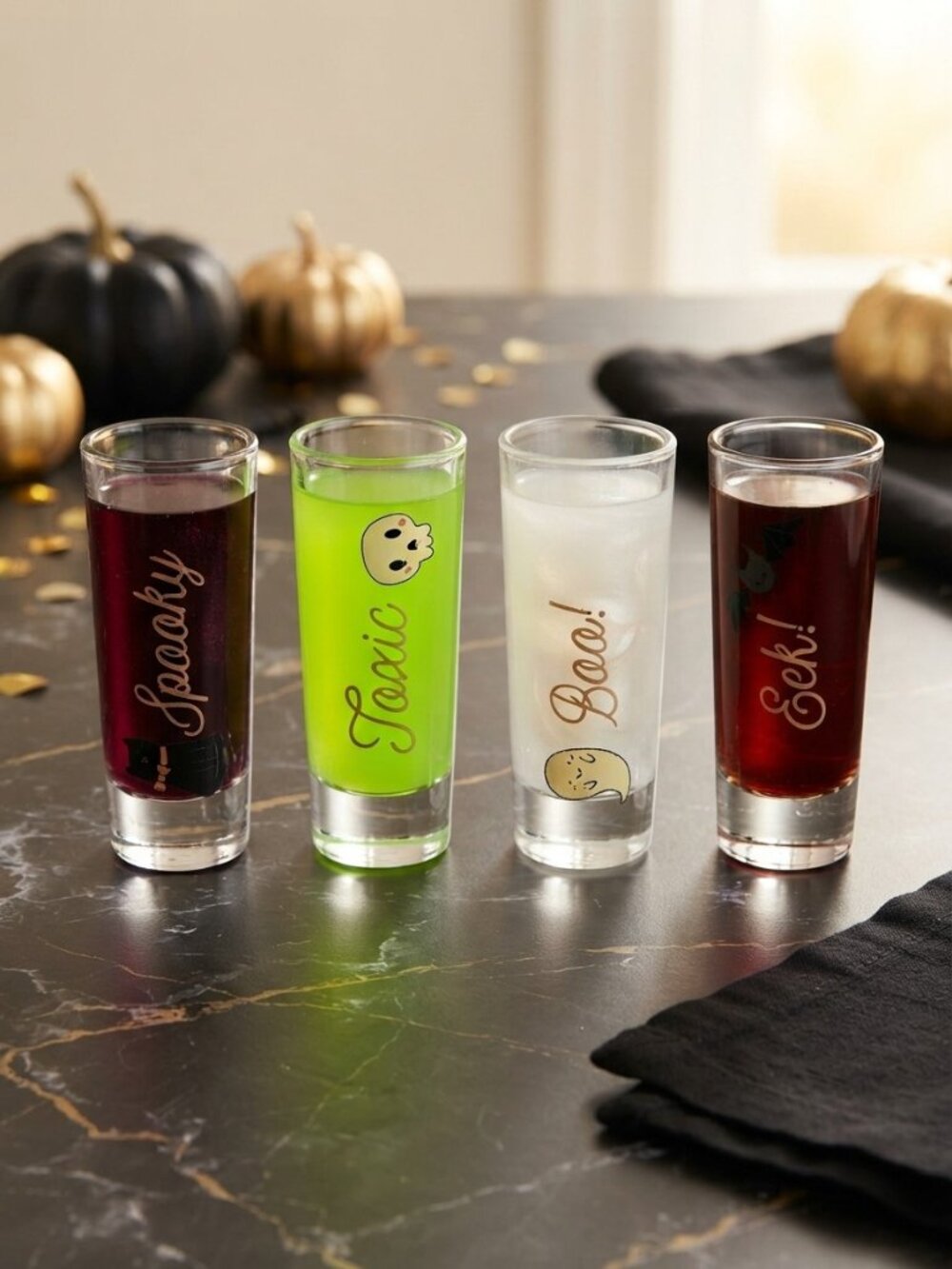 Halloween Spooky Shot Glasses Set of 4 Black Cat Ghost Skull Barware